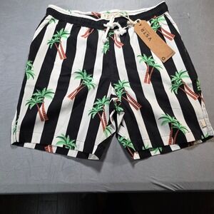 NWT VSTR Premium Mens Black White Striped Palm Tree Swim Trunks / Board Shorts
